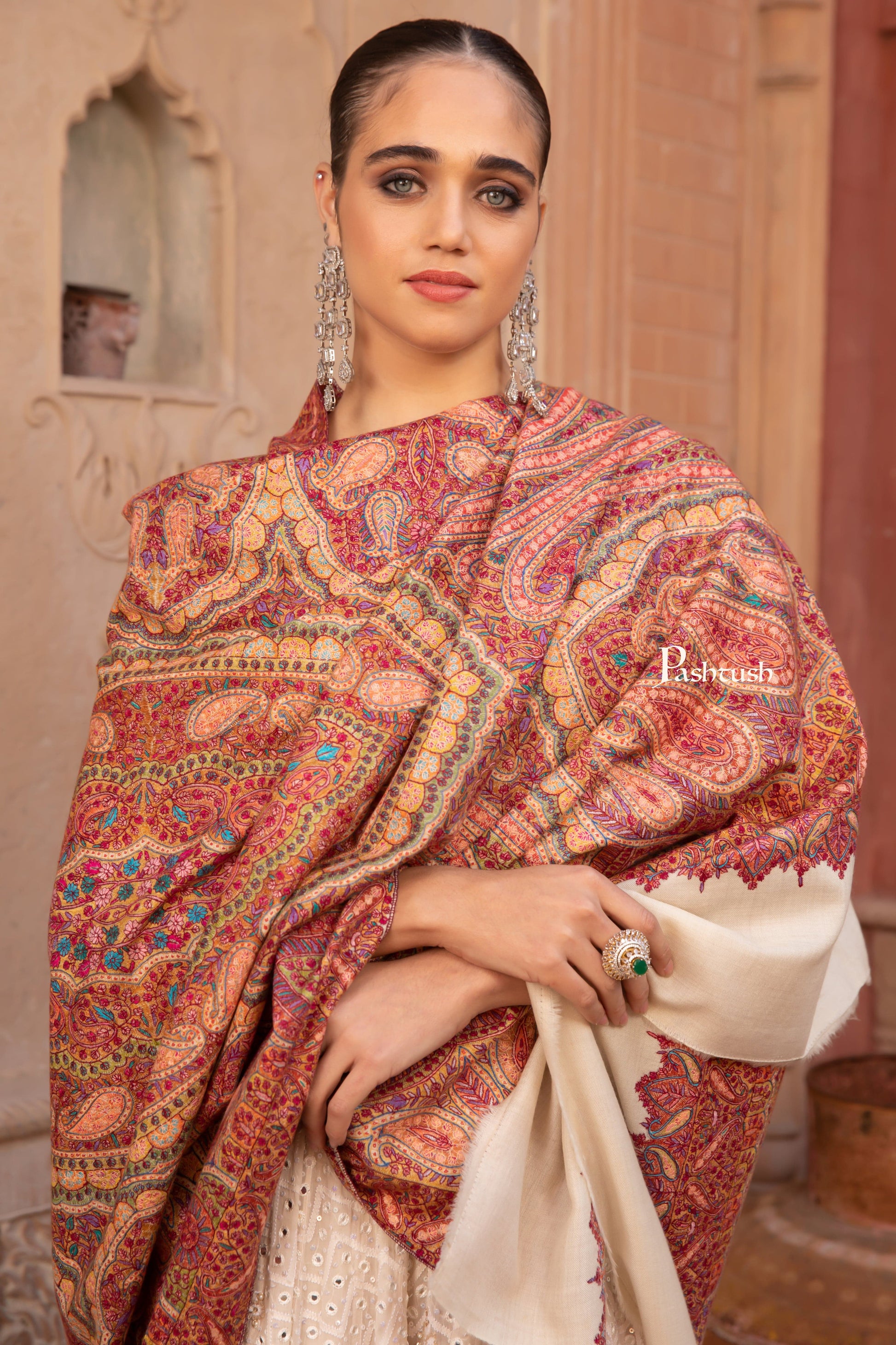 Pashtush India Womens Shawls Pashtush Pashmina Shawl, Hand Embroidery Jama, Kashmiri Needlework, handmade, Beige