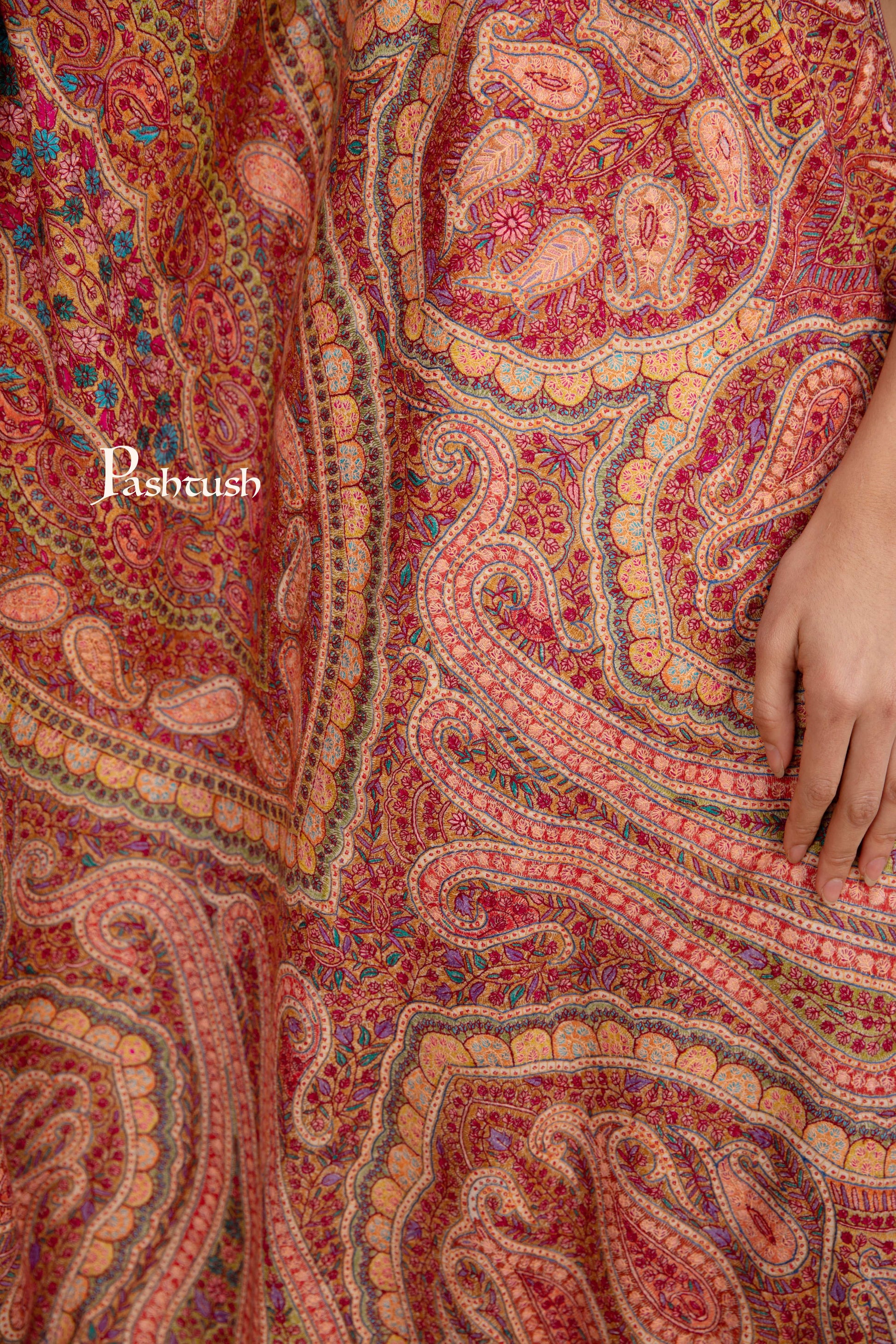 Pashtush India Womens Shawls Pashtush Pashmina Shawl, Hand Embroidery Jama, Kashmiri Needlework, handmade, Beige