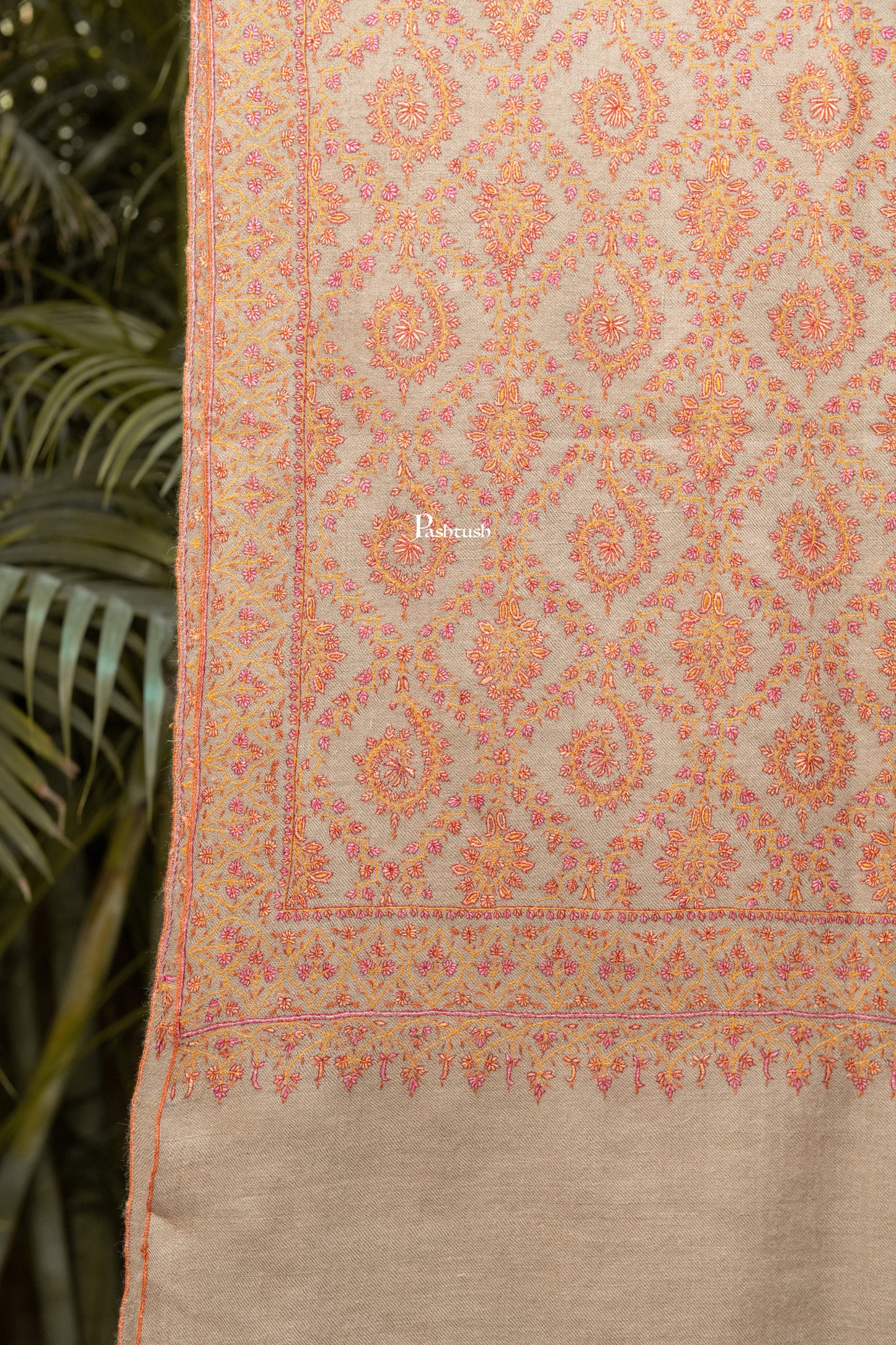 Pashtush India Womens Shawls Pashtush  Pure Pashmina Shawl, Sozni Hand Embroidery, Hand Woven Design, Beige