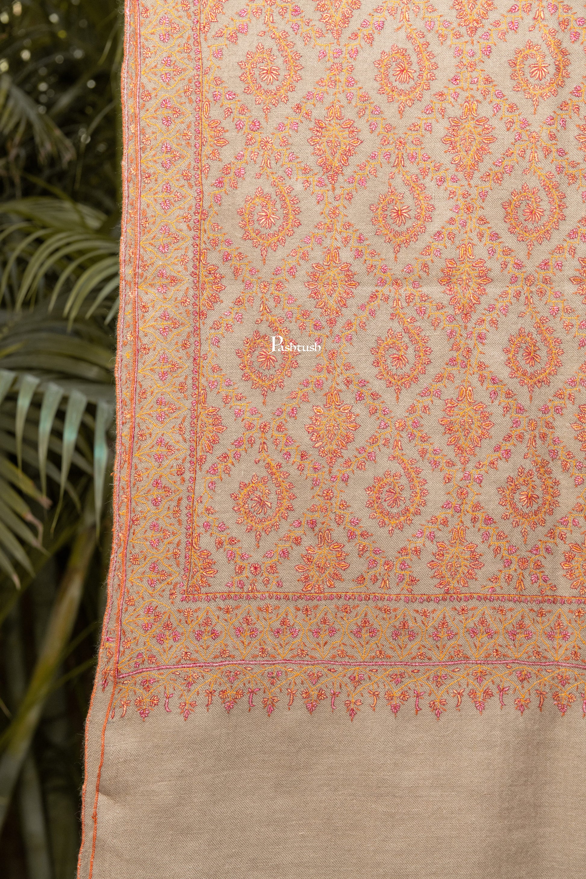 Pashtush India Womens Shawls Pashtush  Pure Pashmina Shawl, Sozni Hand Embroidery, Hand Woven Design, Beige