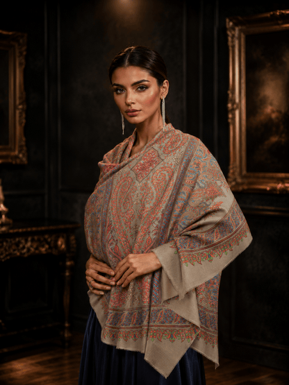 Pashtush India Womens Shawls Pashtush  Pure Pashmina Shawl, Sozni Hand Embroidery, Hand Woven Design, Beige