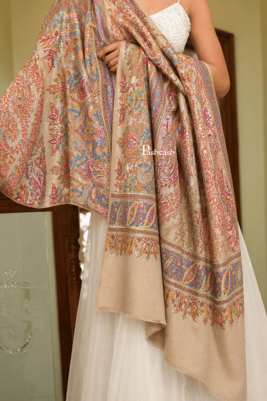 Pashtush India Womens Shawls Pashtush  Pure Pashmina Shawl, Sozni Hand Embroidery, Hand Woven Design, Beige