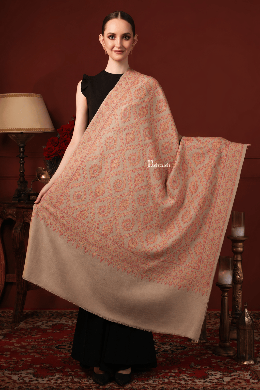 Pashtush India Womens Shawls Pashtush  Pure Pashmina Shawl, Sozni Hand Embroidery, Hand Woven Design, Beige