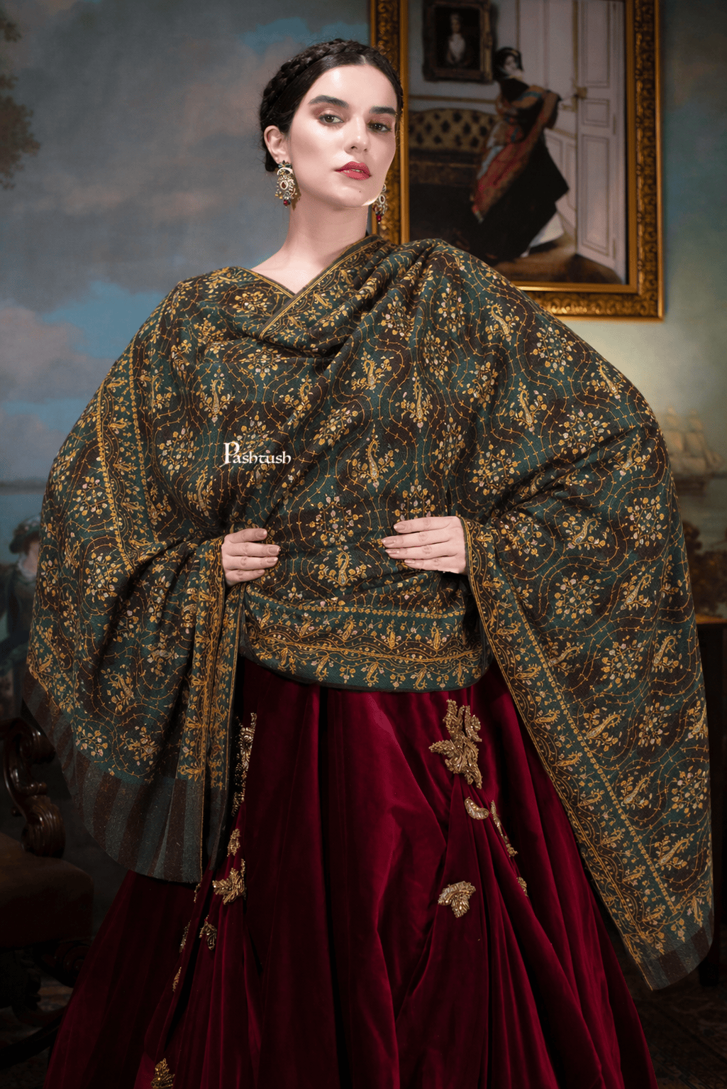 Pashtush India Womens Shawls Pashtush  Pure Pashmina Shawl, Sozni Hand Embroidery, Hand Woven Design, Black