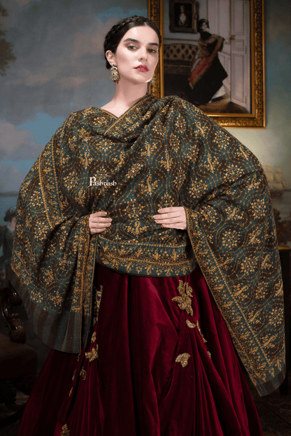 Pashtush India Womens Shawls Pashtush  Pure Pashmina Shawl, Sozni Hand Embroidery, Hand Woven Design, Black