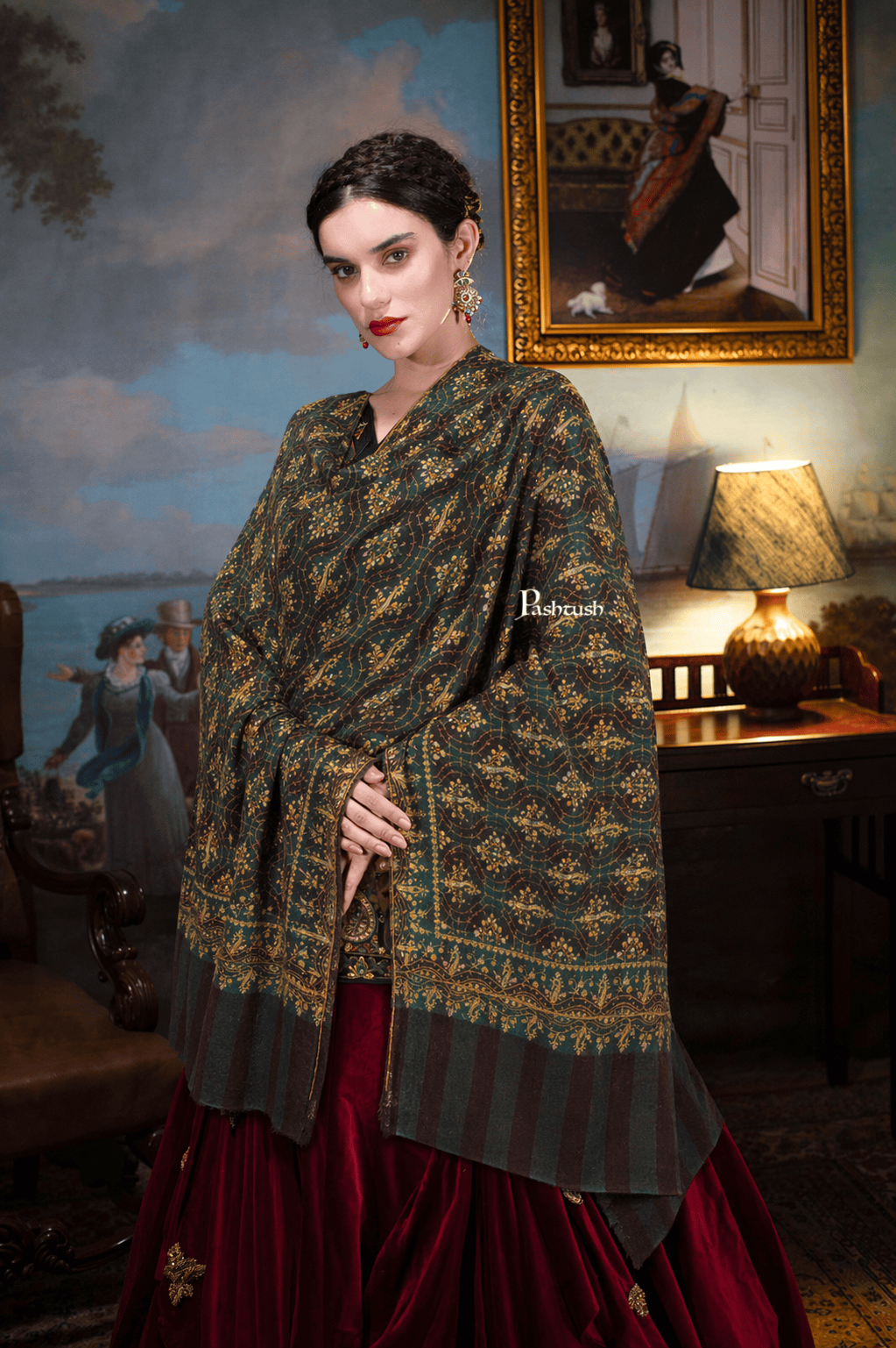 Pashtush India Womens Shawls Pashtush  Pure Pashmina Shawl, Sozni Hand Embroidery, Hand Woven Design, Black