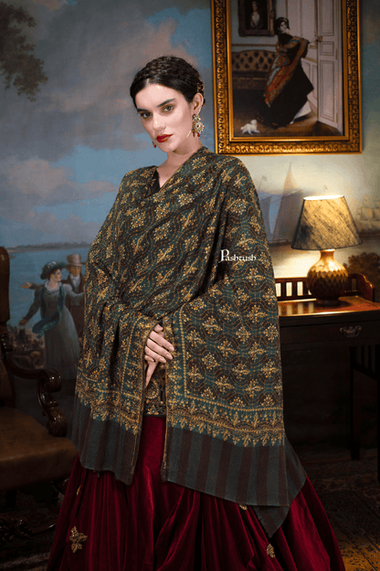 Pashtush India Womens Shawls Pashtush  Pure Pashmina Shawl, Sozni Hand Embroidery, Hand Woven Design, Black
