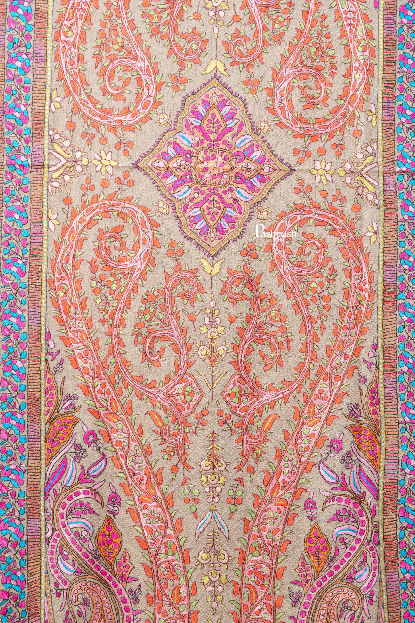 Pashtush India Womens Shawls Pashtush  Pure Pashmina Shawl, Sozni Hand Embroidery, Hand Woven Design, Taupe