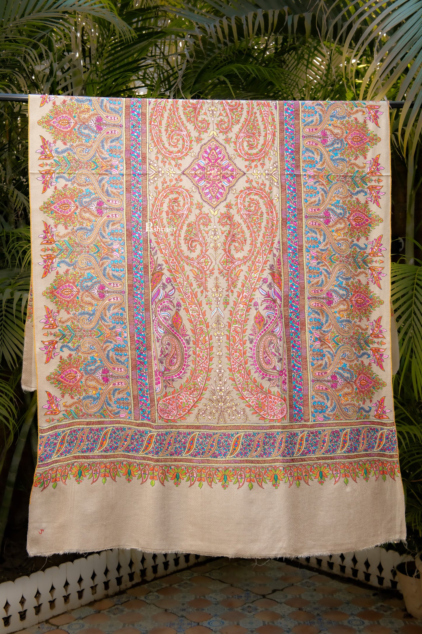 Pashtush India Womens Shawls Pashtush  Pure Pashmina Shawl, Sozni Hand Embroidery, Hand Woven Design, Taupe