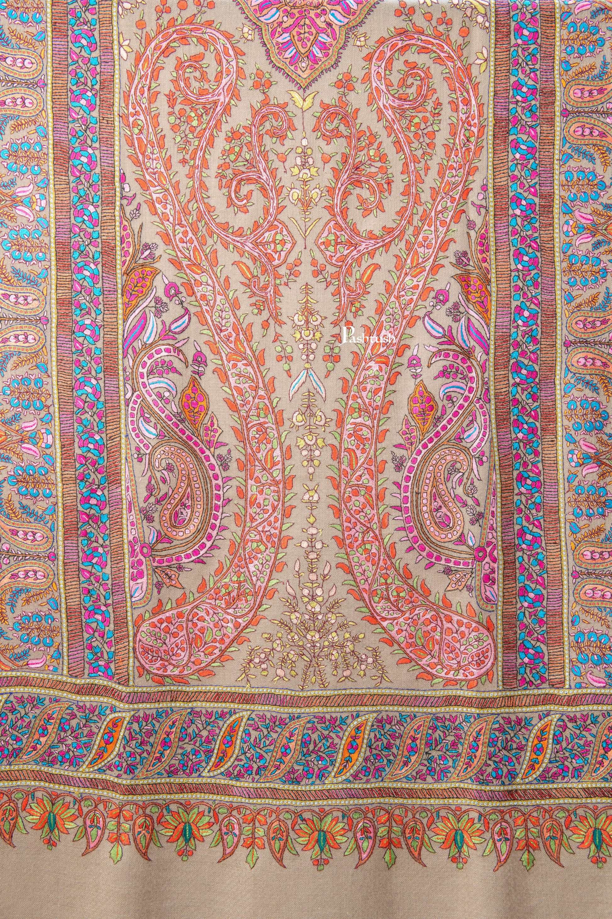 Pashtush India Womens Shawls Pashtush  Pure Pashmina Shawl, Sozni Hand Embroidery, Hand Woven Design, Taupe