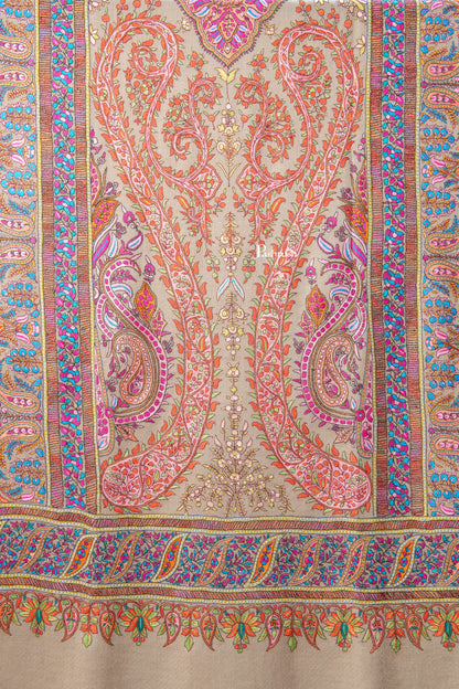 Pashtush India Womens Shawls Pashtush  Pure Pashmina Shawl, Sozni Hand Embroidery, Hand Woven Design, Taupe