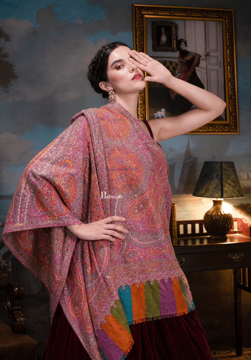 Pashtush India Womens Shawls Pashtush  Pure Pashmina Shawl, Sozni Hand Embroidery, Hand Woven, Kalamkari Design, Multicolour