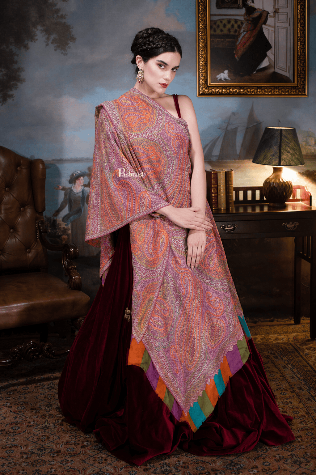 Pashtush India Womens Shawls Pashtush  Pure Pashmina Shawl, Sozni Hand Embroidery, Hand Woven, Kalamkari Design, Multicolour