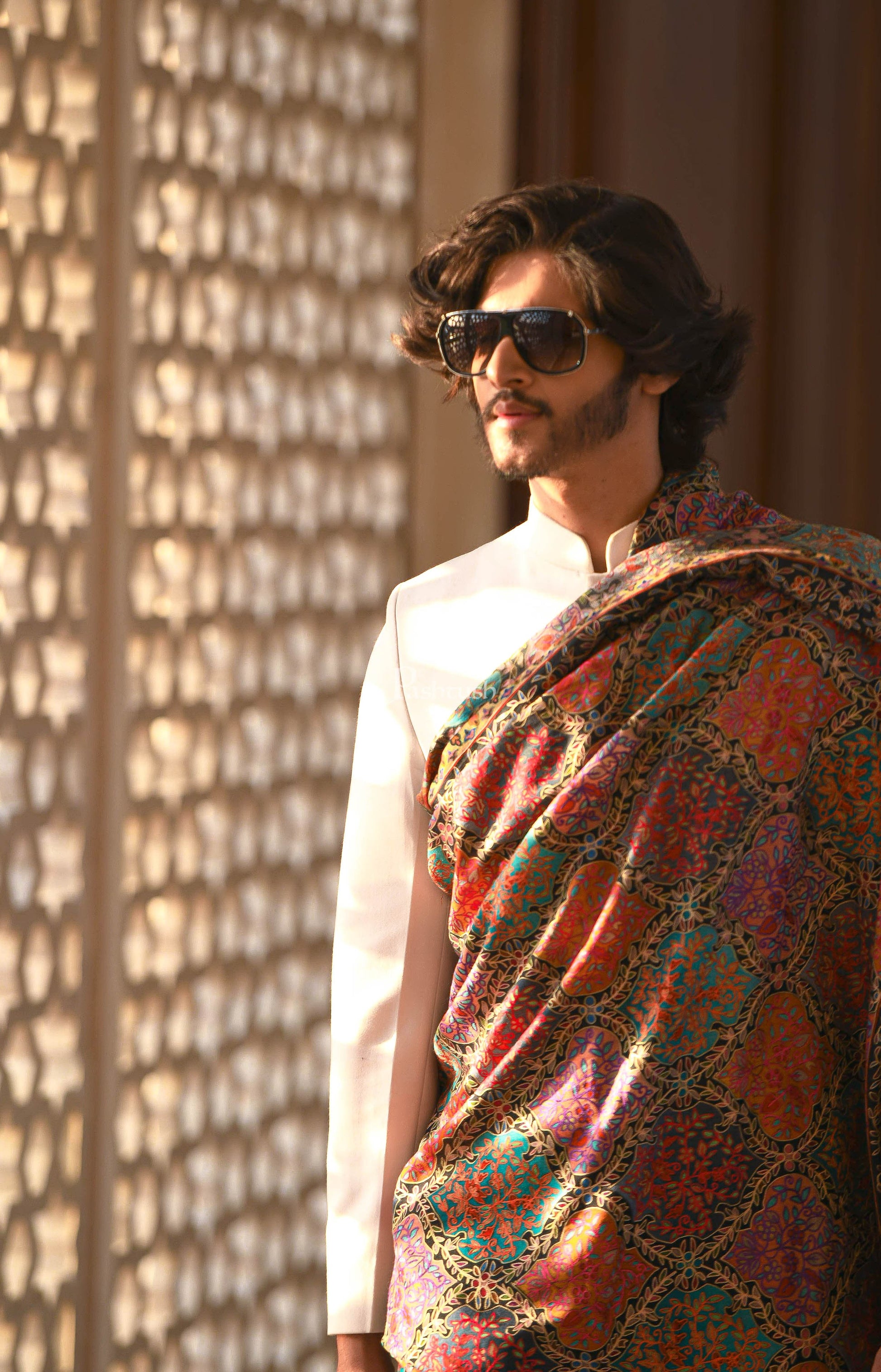 Pashtush India Mens Shawls Gents Shawl Pashtush Pure Wool, Woolmark Certified, Mens Embroidery Kalamkari Shawl, Multicoloured