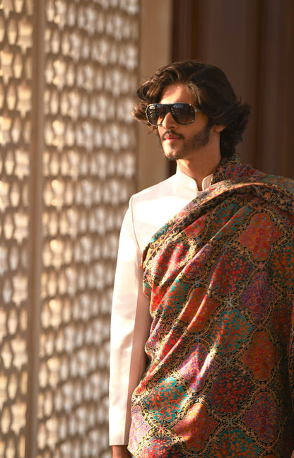 Pashtush India Mens Shawls Gents Shawl Pashtush Pure Wool, Woolmark Certified, Mens Embroidery Kalamkari Shawl, Multicoloured