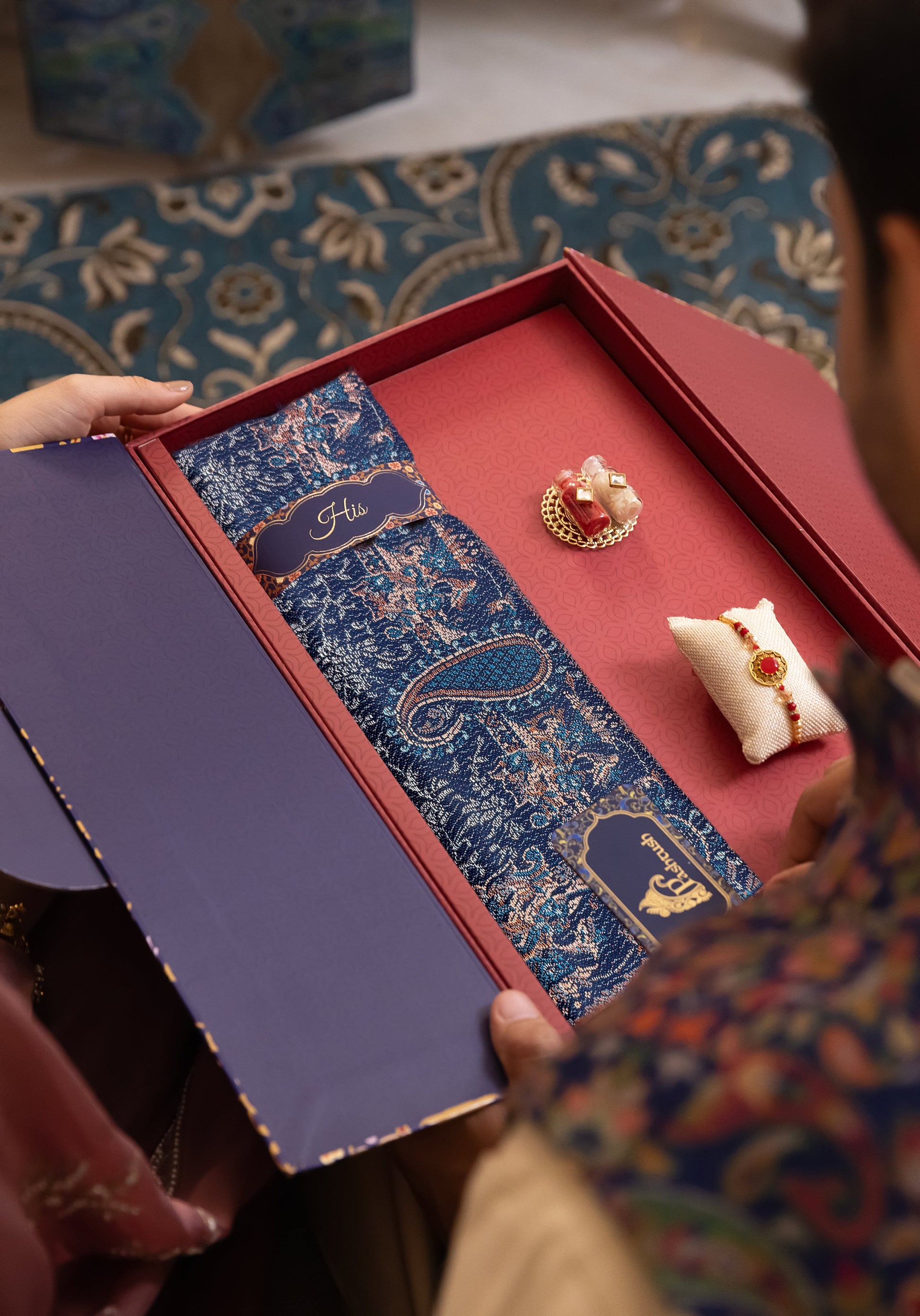 Pashtush India Gift Pack Pashtush Rakhi Gift Set, Mens Navy Blue Jamawar Stole with Rakhi and Tilak in Premium Gift Box