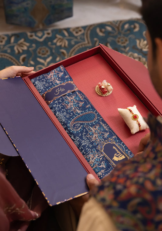 Pashtush India Gift Pack Pashtush Rakhi Gift Set, Mens Navy Blue Jamawar Stole with Rakhi and Tilak in Premium Gift Box