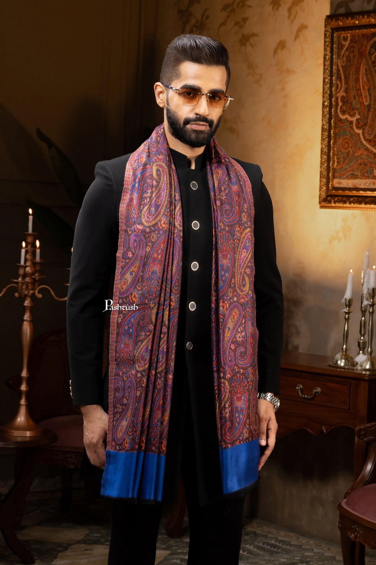 Pashtush India Gift Pack Pashtush Rakhi Gift Set, Mens Royal Blue Stole with Rakhi and Tilak in Premium Gift Box
