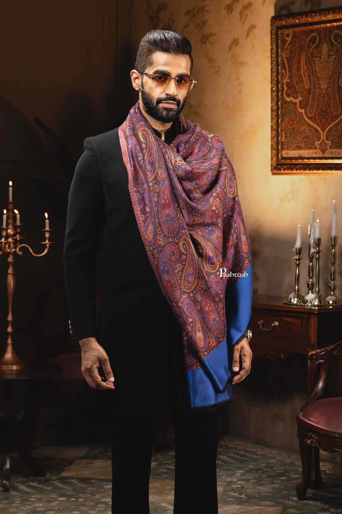Pashtush India Gift Pack Pashtush Rakhi Gift Set, Mens Royal Blue Stole with Rakhi and Tilak in Premium Gift Box
