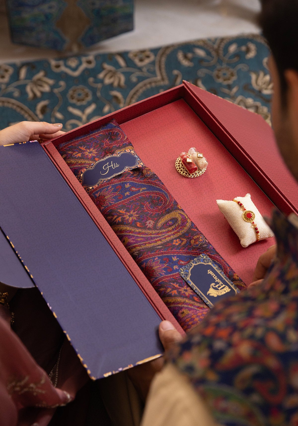 Pashtush India Gift Pack Pashtush Rakhi Gift Set, Mens Royal Blue Stole with Rakhi and Tilak in Premium Gift Box