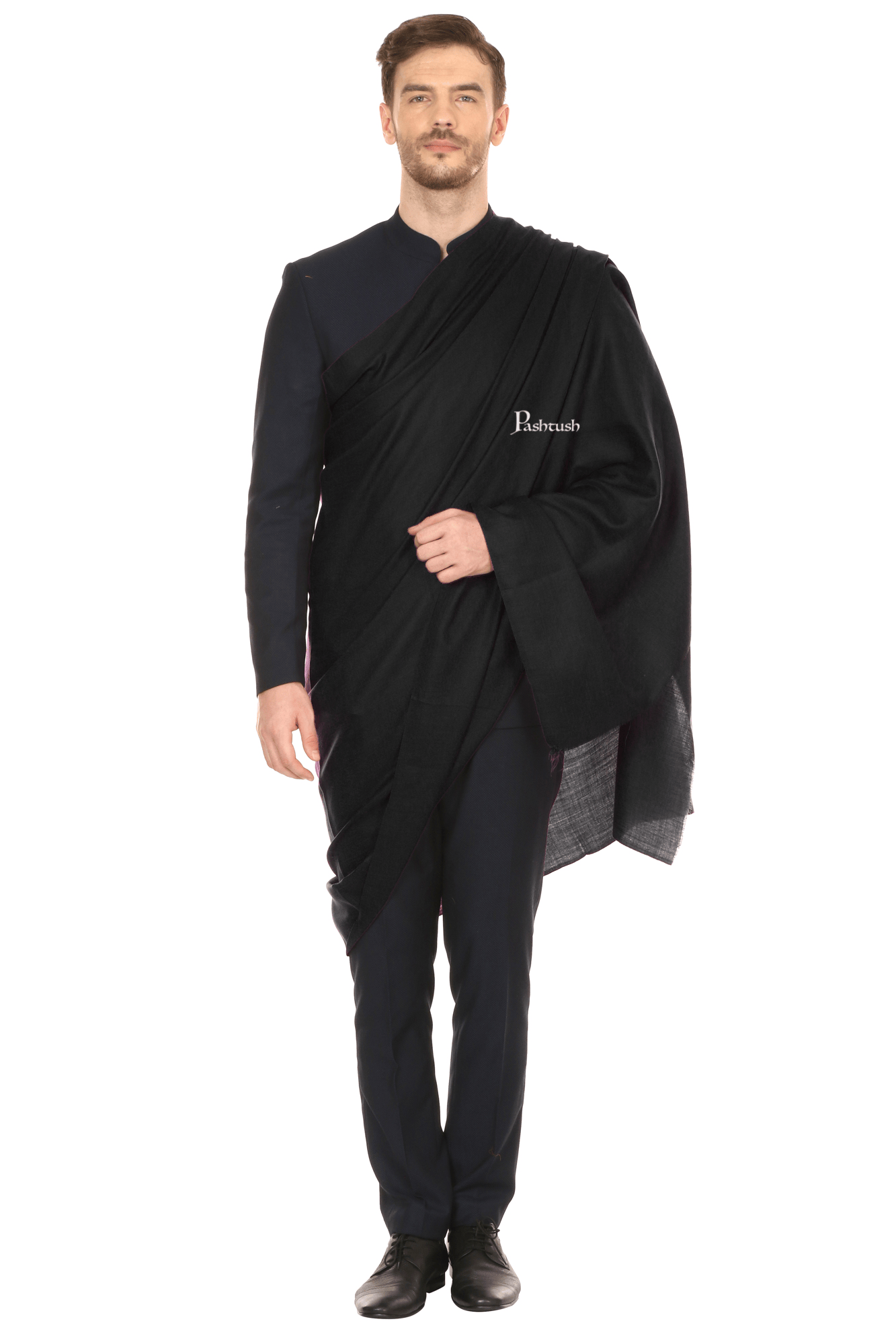Pashtush India Mens Shawls Gents Shawl Pashtush Royal And Classy Fine Wool Mens Stole, Black