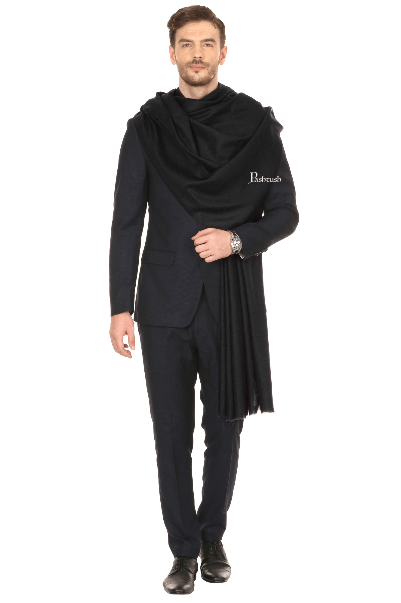 Pashtush India Mens Shawls Gents Shawl Pashtush Royal And Classy Fine Wool Mens Stole, Black
