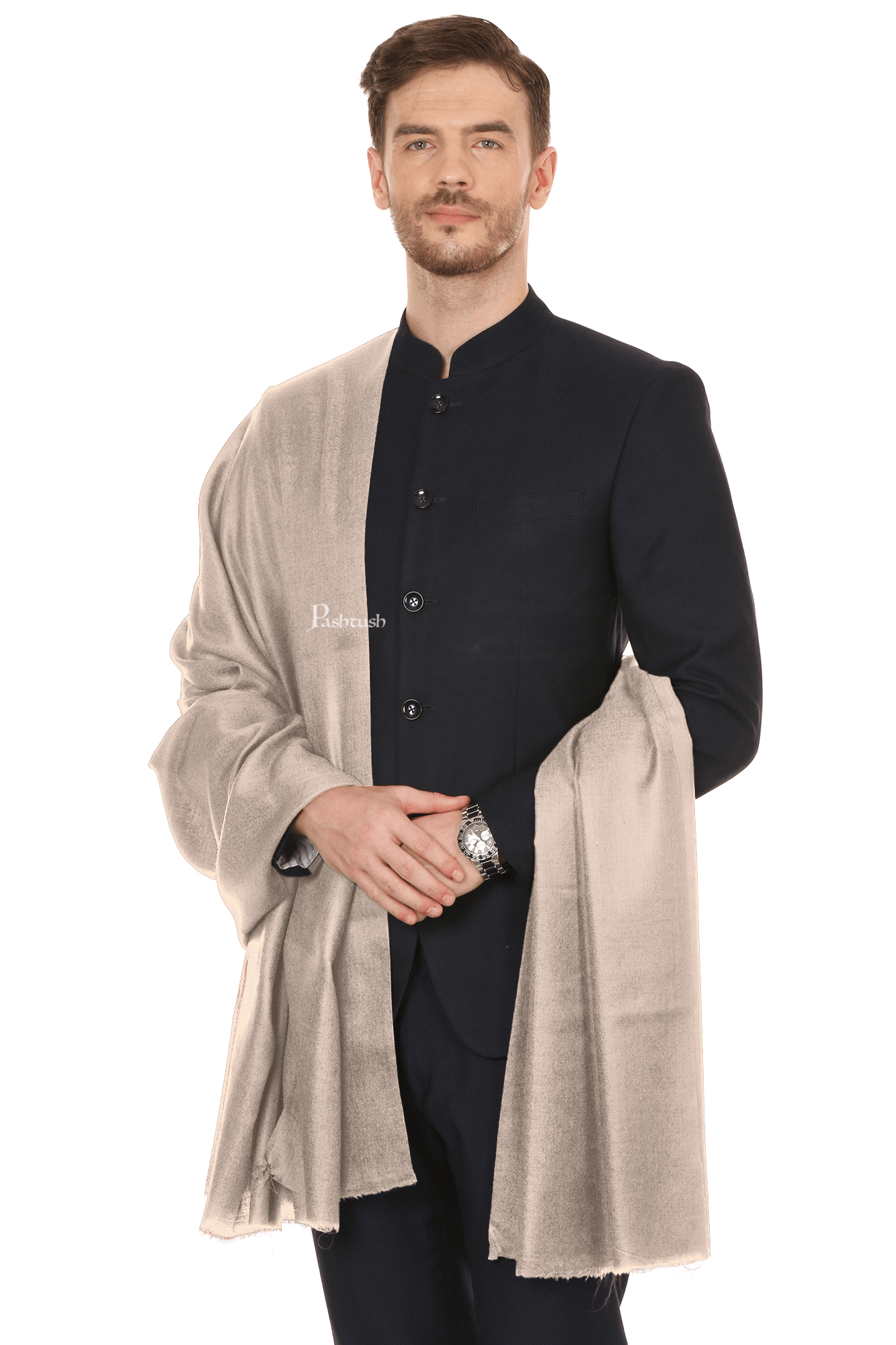 Pashtush India Mens Shawls Gents Shawl Pashtush Royal And Classy Fine Wool Mens Stole, Solid Beige