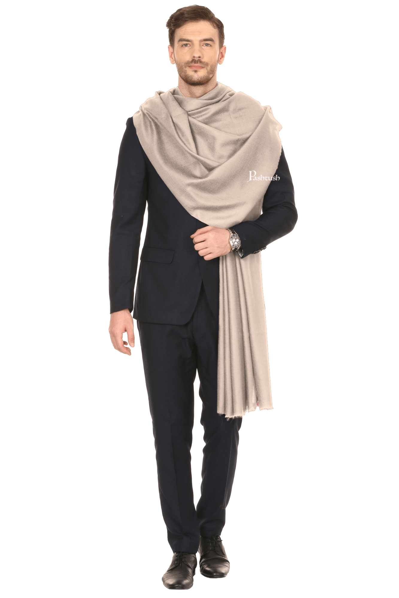 Pashtush India Mens Shawls Gents Shawl Pashtush Royal And Classy Fine Wool Mens Stole, Solid Beige