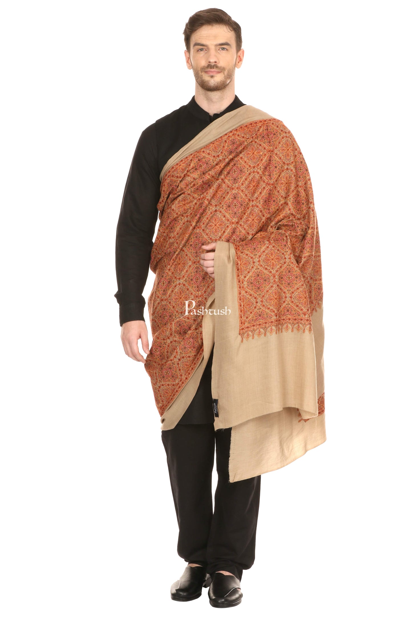 Pashtush India Mens Shawls Gents Shawl Pashtush Super Fine Embroidery Pure Wool, Ring Shawl, Full Size - Taupe