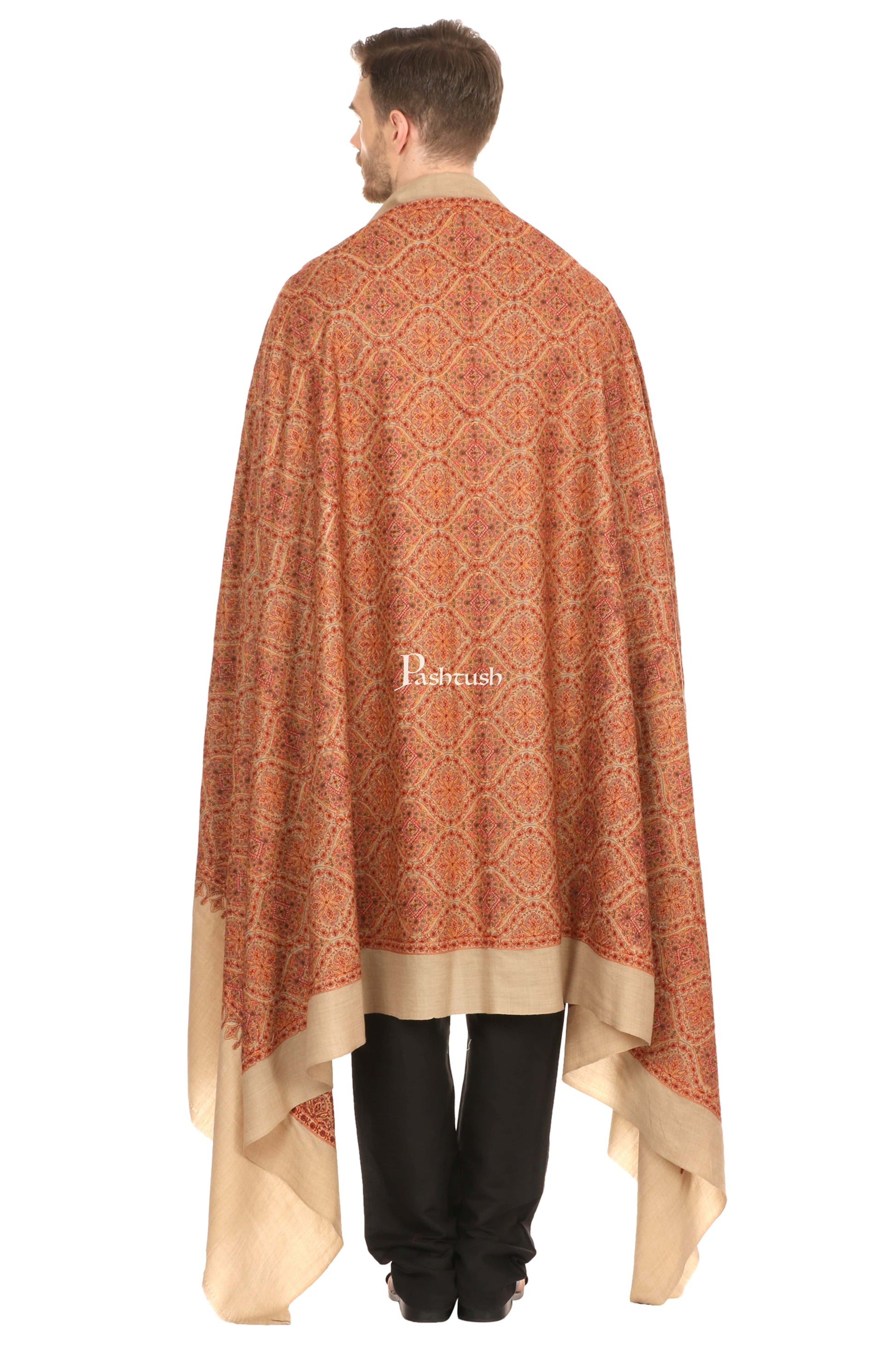 Pashtush India Mens Shawls Gents Shawl Pashtush Super Fine Embroidery Pure Wool, Ring Shawl, Full Size - Taupe