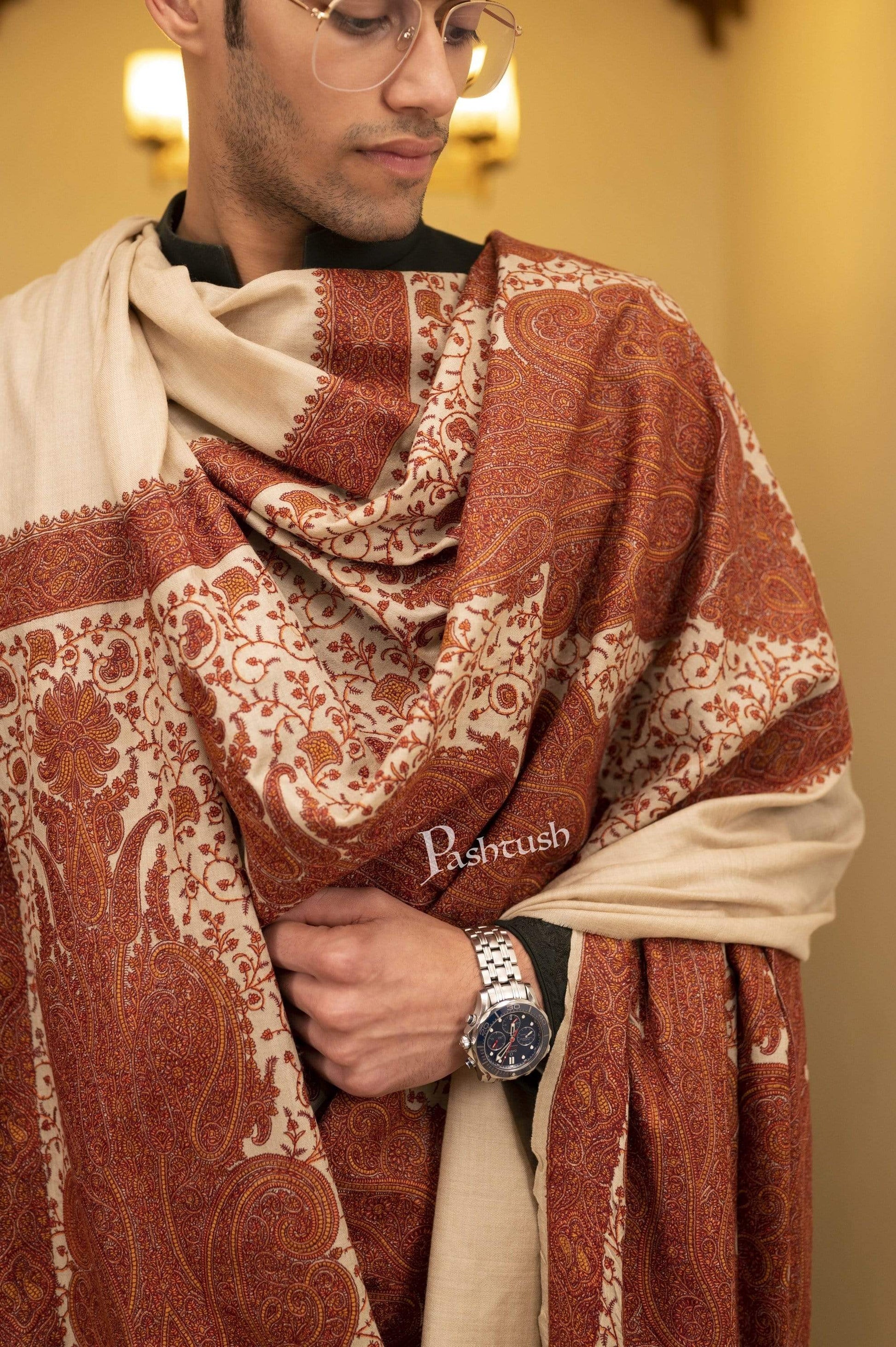 Pashtush India 127x254 Pashtush Super Fine Kashmiri Embroidery Pure Wool, Ring Shawl, full size - Taupe