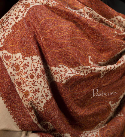Pashtush India 127x254 Pashtush Super Fine Kashmiri Embroidery Pure Wool, Ring Shawl, full size - Taupe