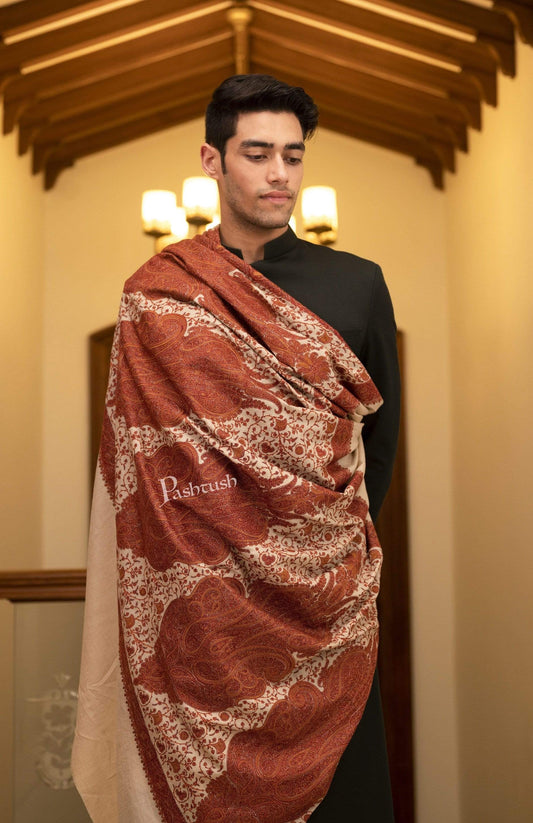 Pashtush India 127x254 Pashtush Super Fine Kashmiri Embroidery Pure Wool, Ring Shawl, full size - Taupe