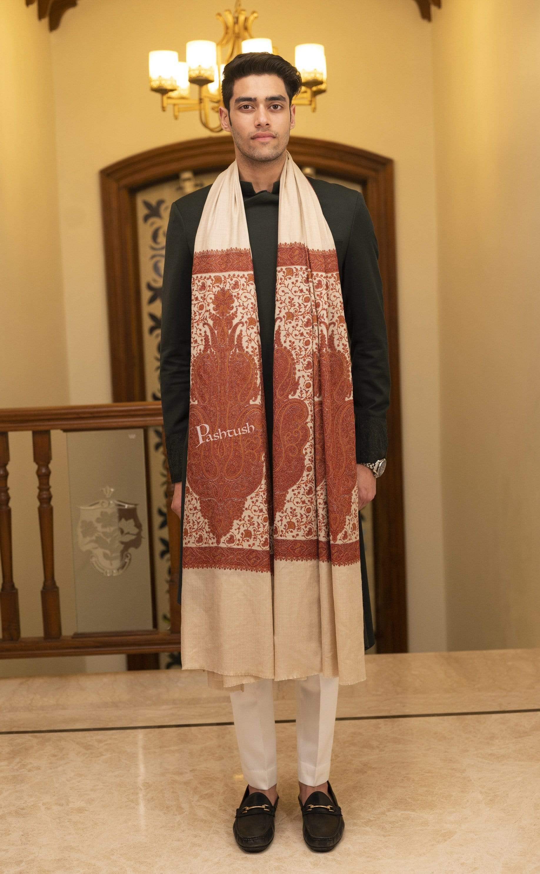 Pashtush India 127x254 Pashtush Super Fine Kashmiri Embroidery Pure Wool, Ring Shawl, full size - Taupe