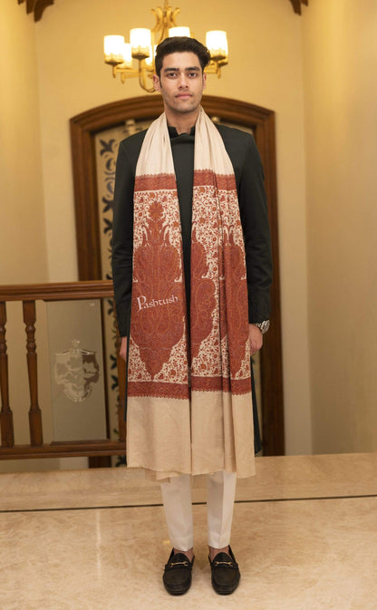 Pashtush India 127x254 Pashtush Super Fine Kashmiri Embroidery Pure Wool, Ring Shawl, full size - Taupe
