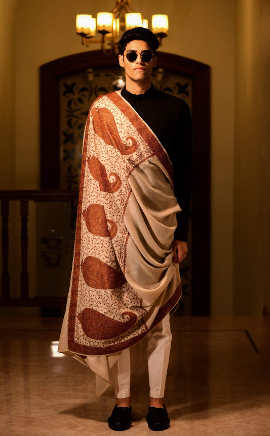 Pashtush Store Shawl Pashtush Super Fine Kashmiri Embroidery Ring Shawl, full size 54x108 inches - Beige