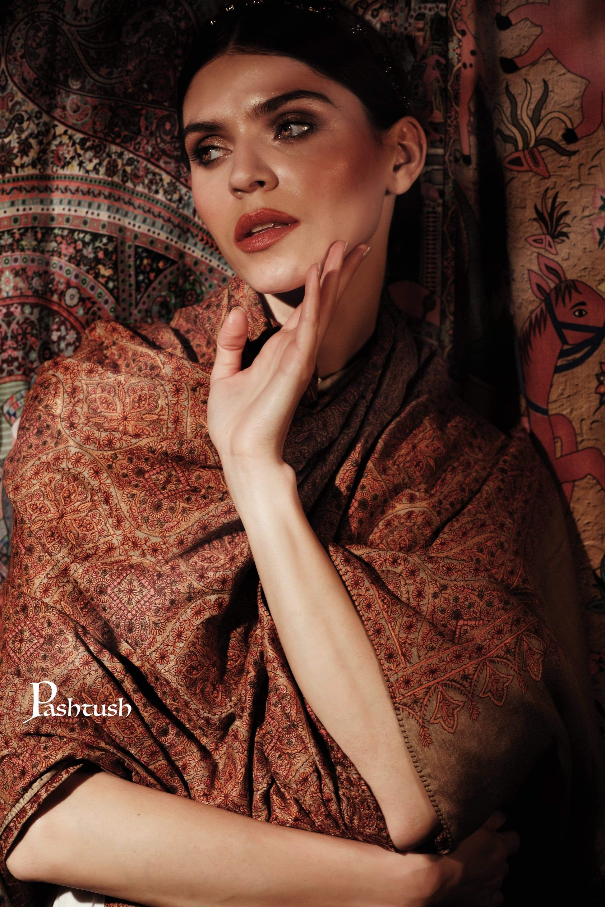 Pashtush Store Shawl Pashtush Super Fine Kashmiri Embroidery Ring Shawl, Large size - Taupe