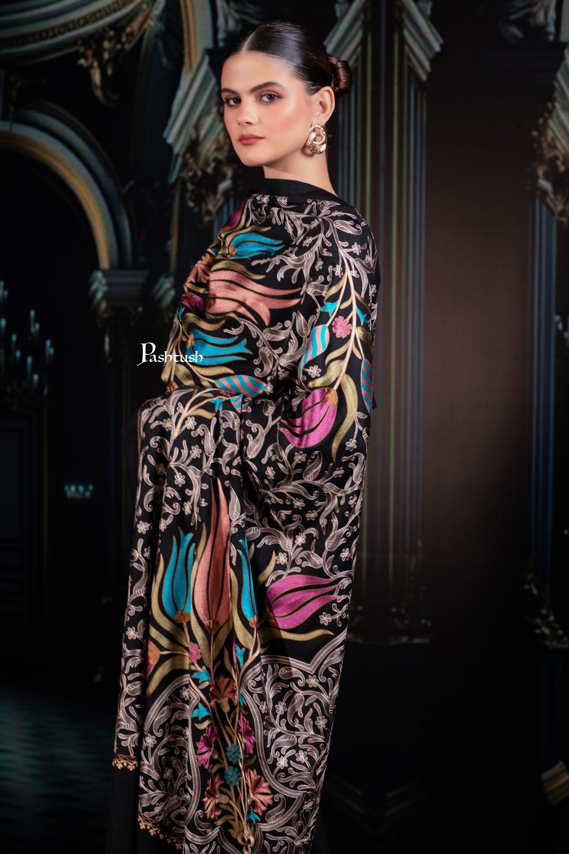 Pashtush India womens scarf and Stoles Pashtush Tres Chic Regal Collection, Floral Embroidery, Extra Soft Fine Wool Stole, Scarf, Rich Black