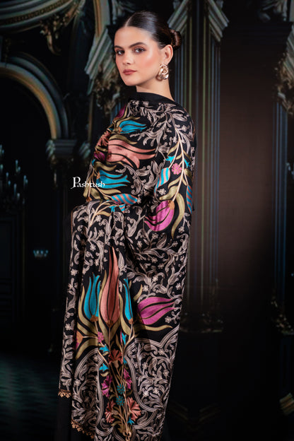 Pashtush India womens scarf and Stoles Pashtush Tres Chic Regal Collection, Floral Embroidery, Extra Soft Fine Wool Stole, Scarf, Rich Black