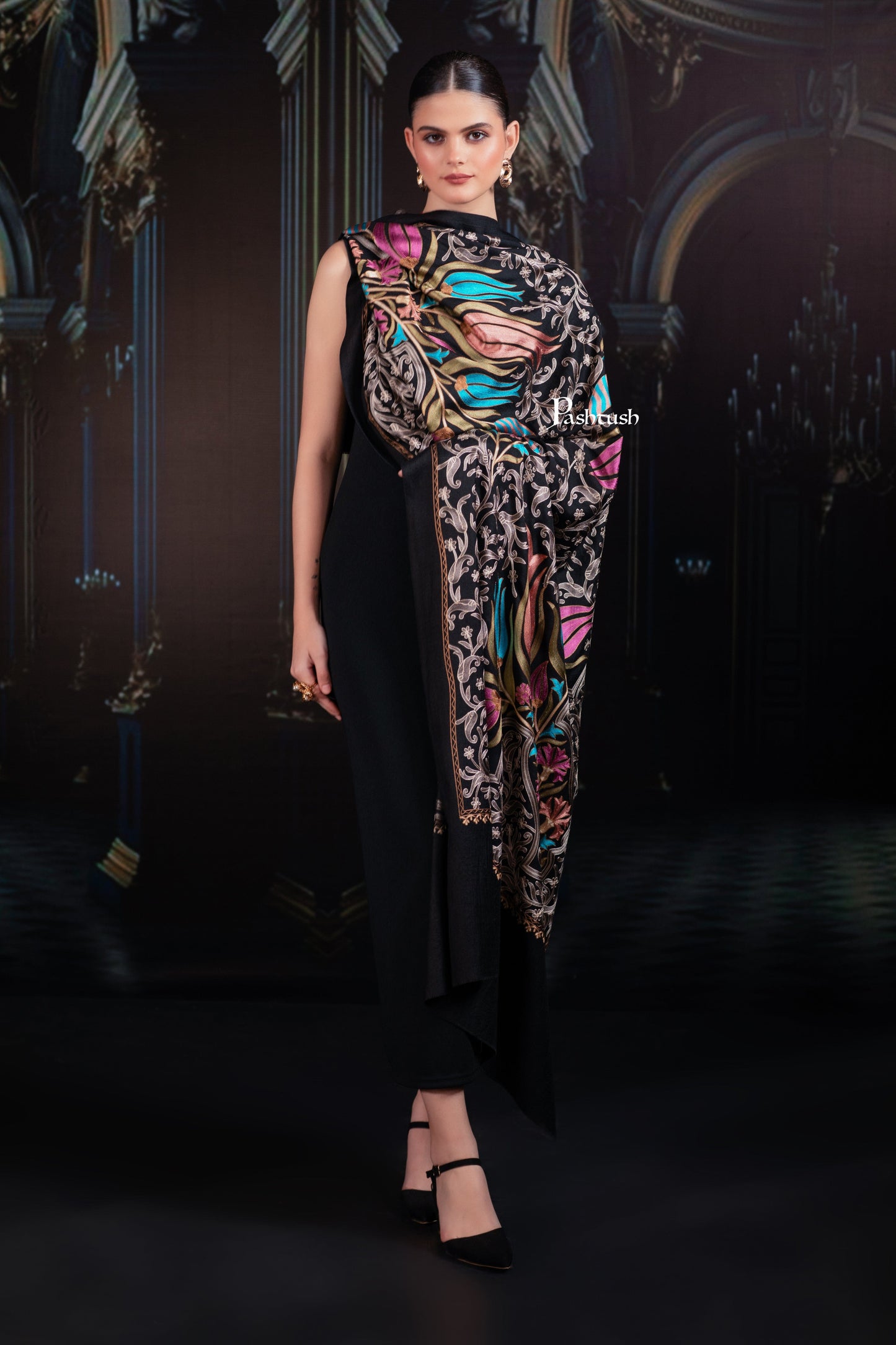 Pashtush India womens scarf and Stoles Pashtush Tres Chic Regal Collection, Floral Embroidery, Extra Soft Fine Wool Stole, Scarf, Rich Black