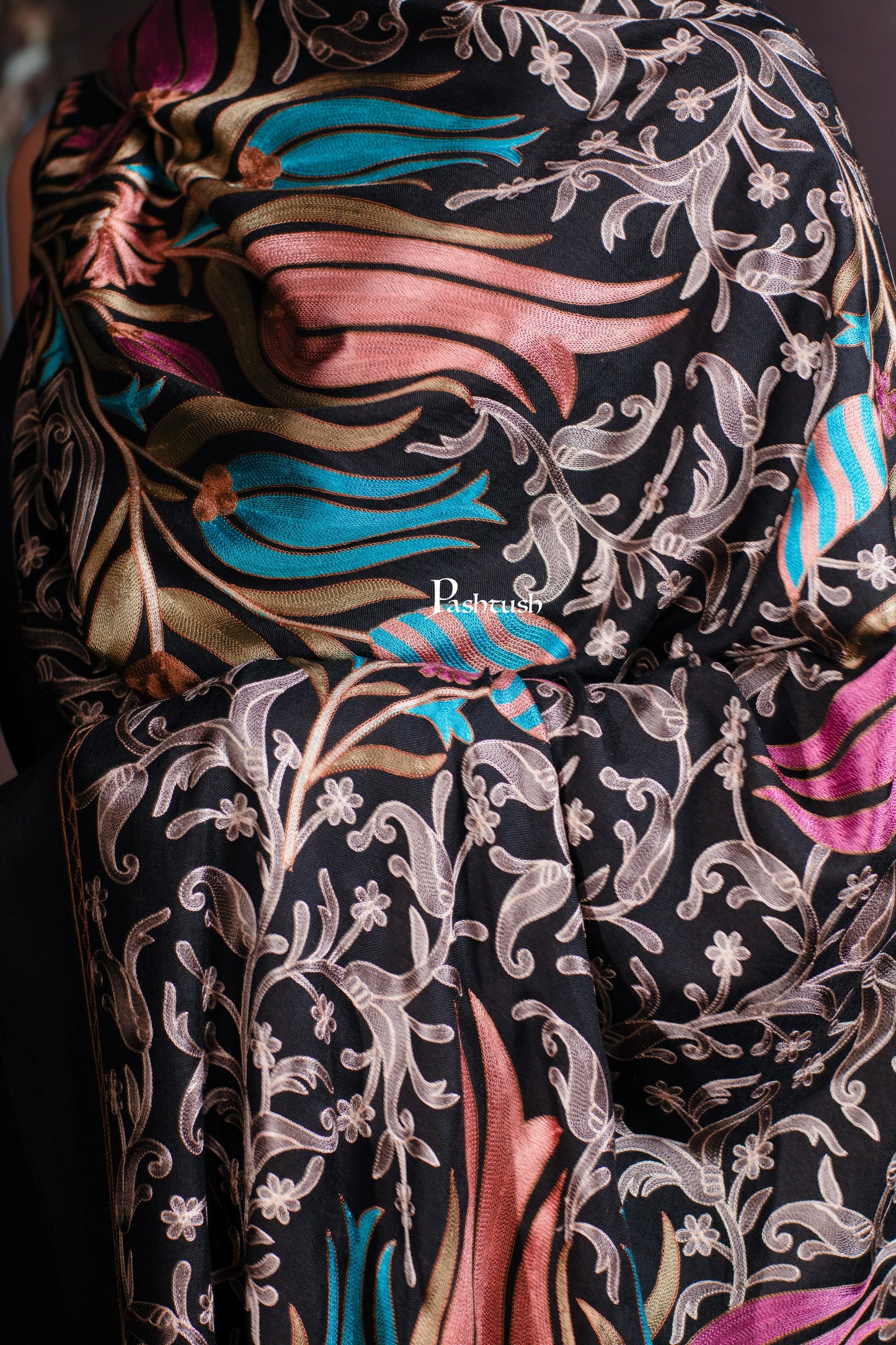 Pashtush India womens scarf and Stoles Pashtush Tres Chic Regal Collection, Floral Embroidery, Extra Soft Fine Wool Stole, Scarf, Rich Black