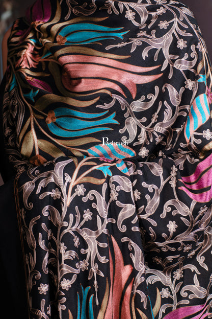 Pashtush India womens scarf and Stoles Pashtush Tres Chic Regal Collection, Floral Embroidery, Extra Soft Fine Wool Stole, Scarf, Rich Black