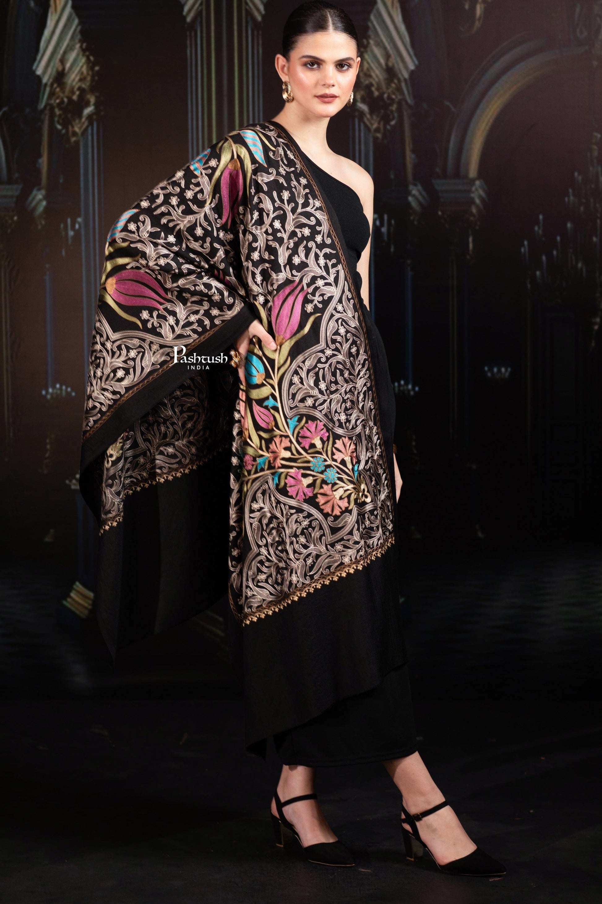 Pashtush India womens scarf and Stoles Pashtush Tres Chic Regal Collection, Floral Embroidery, Extra Soft Fine Wool Stole, Scarf, Rich Black