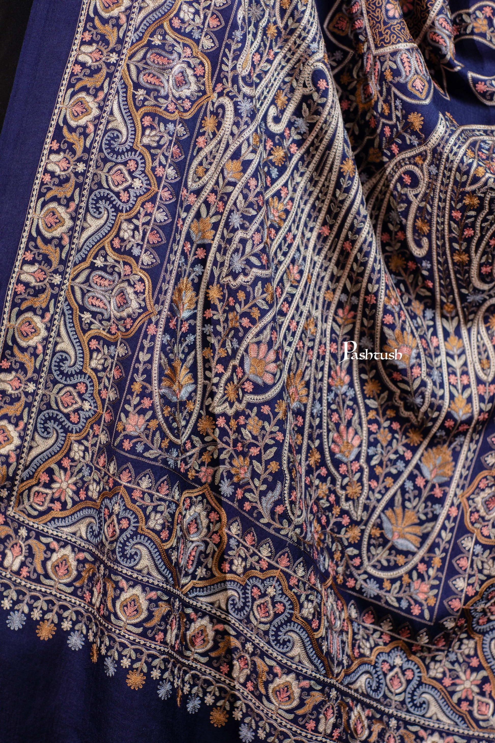 Pashtush India womens scarf and Stoles Pashtush Tres Chic Regal Collection, Paisley Embroidery, Extra Soft Fine Wool Stole, Scarf, Navy Blue