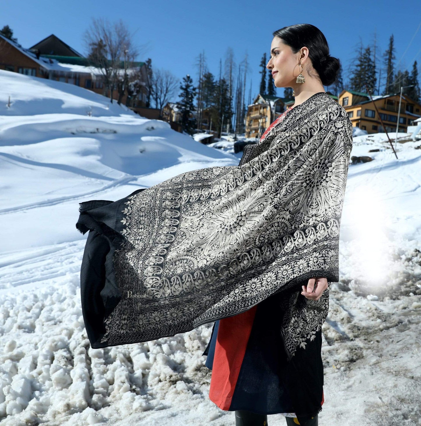 Pashtush India 70x200 Pashtush Tres Chic Regal Collection, Soft Wool Embroidery Nalki Shawl Scarf, Black