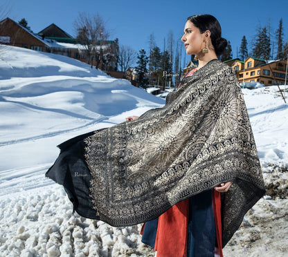 Pashtush India 70x200 Pashtush Tres Chic Regal Collection, Soft Wool Embroidery Nalki Shawl Scarf, Black