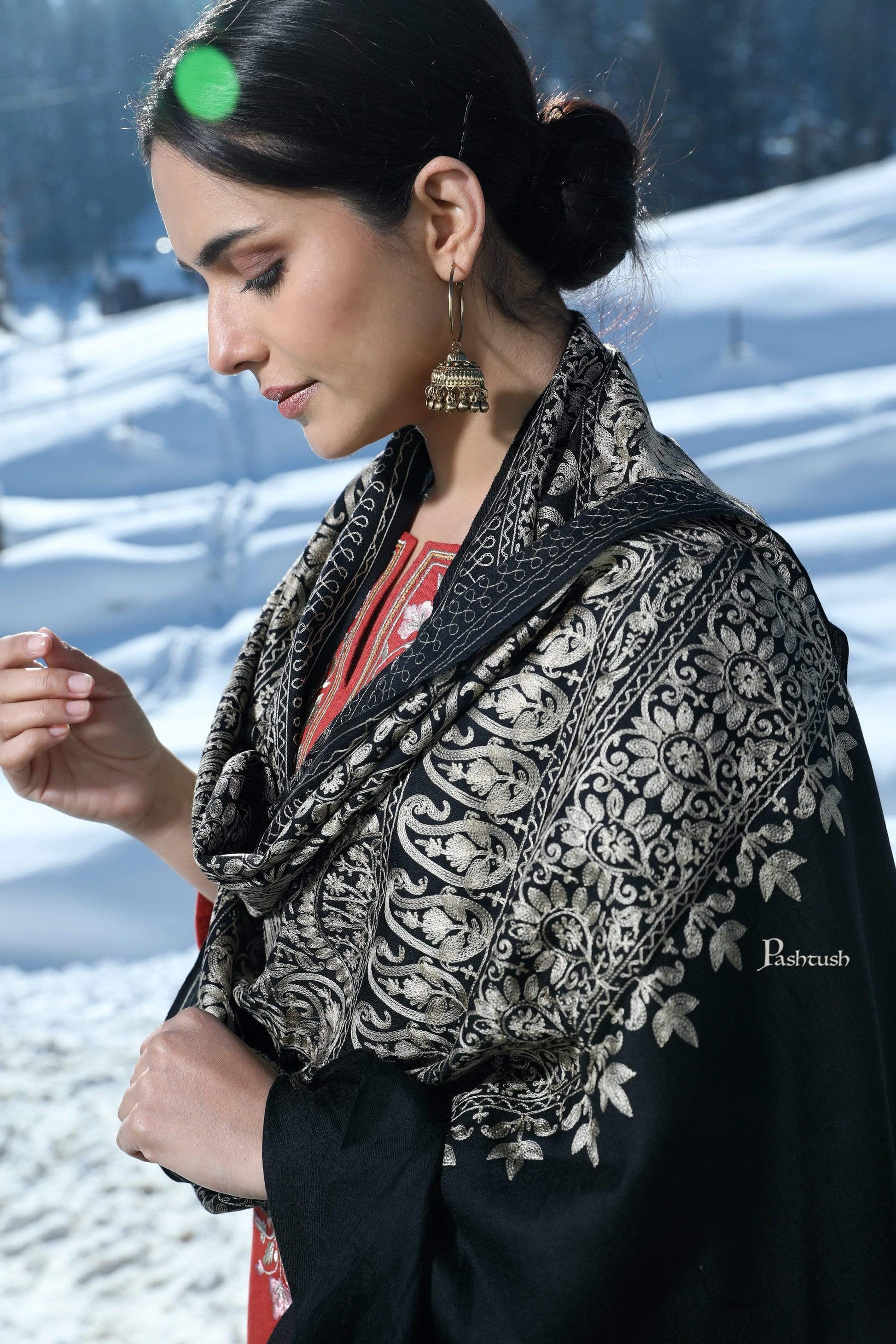 Pashtush India 70x200 Pashtush Tres Chic Regal Collection, Soft Wool Embroidery Nalki Shawl Scarf, Black