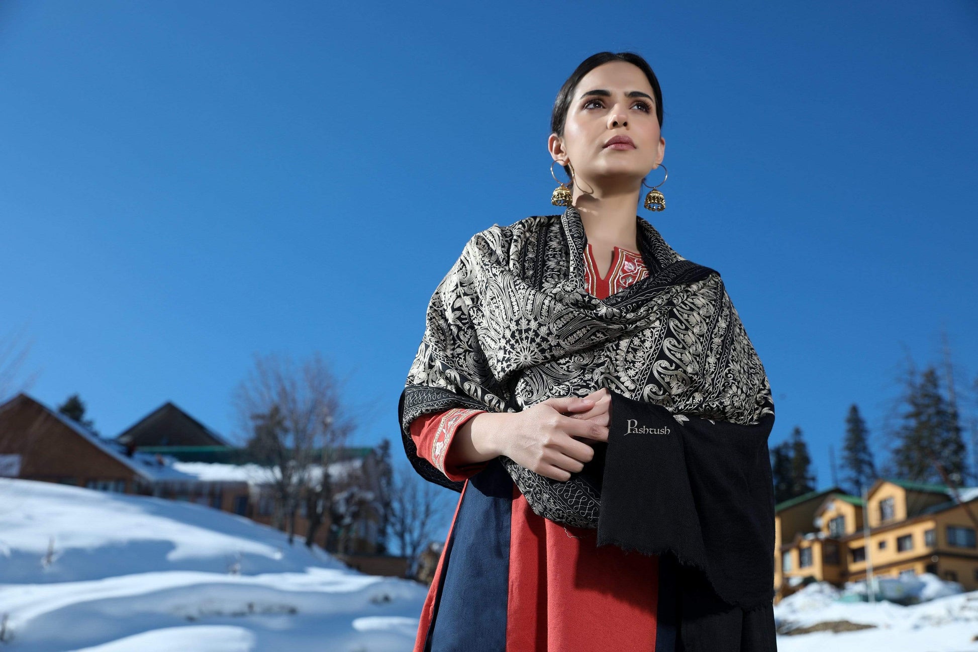 Pashtush India 70x200 Pashtush Tres Chic Regal Collection, Soft Wool Embroidery Nalki Shawl Scarf, Black