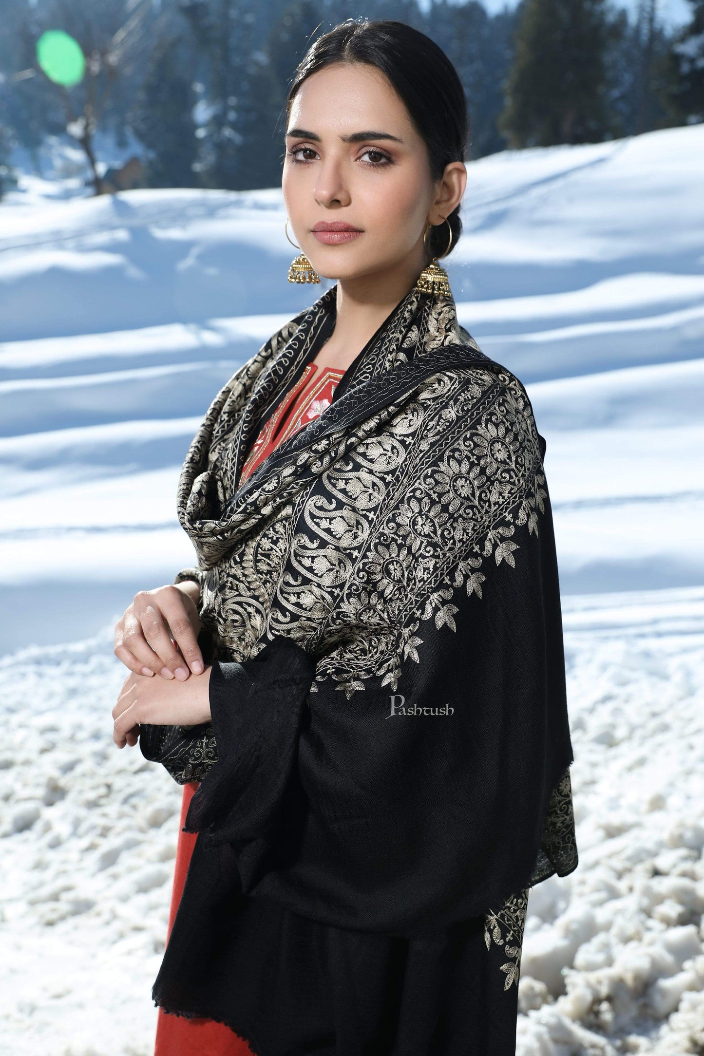 Pashtush India 70x200 Pashtush Tres Chic Regal Collection, Soft Wool Embroidery Nalki Shawl Scarf, Black