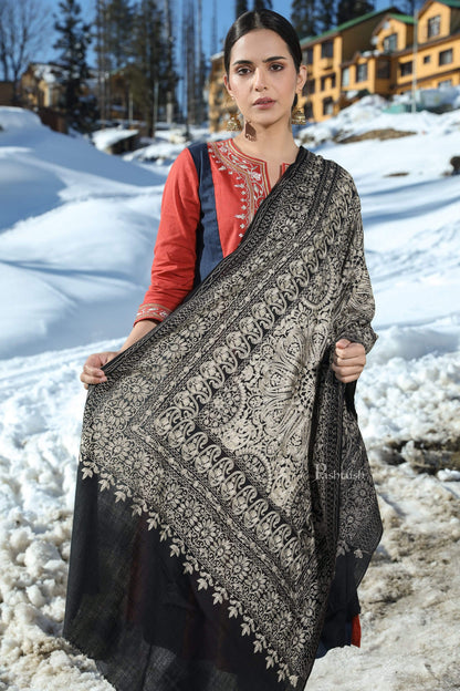 Pashtush India 70x200 Pashtush Tres Chic Regal Collection, Soft Wool Embroidery Nalki Shawl Scarf, Black